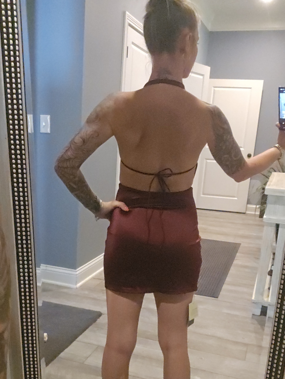 HALARA Burgundy Backless Halter Mini Dress